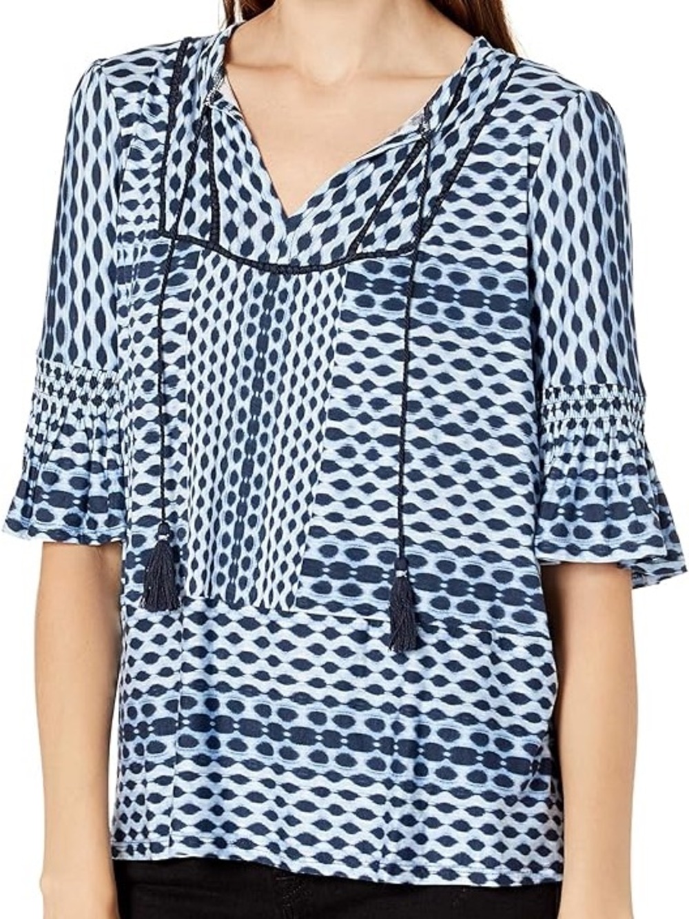 Vintage America Alek Mix Print Blue Short Sleeve V-Neck Blouse Top Shirt Large